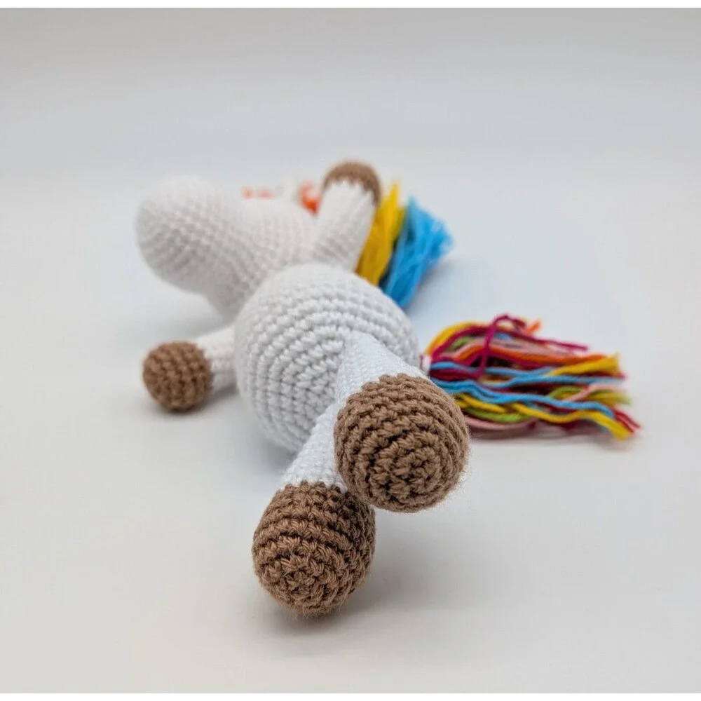 Handmade Crochet Unicorn Plush Stuffed Animal White Rainbow Mane And Tail 8.75